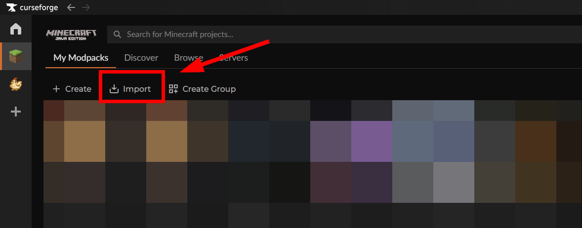CurseForge Hauptbildschirm mit My Modpacks und Import Button