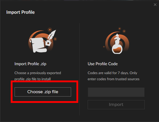 Import Profile Dialog mit Choose .zip file Button