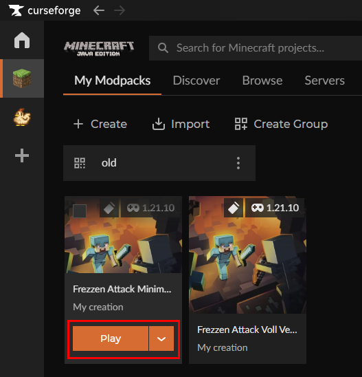 Fertig importiertes Mod-Pack-Profil in CurseForge